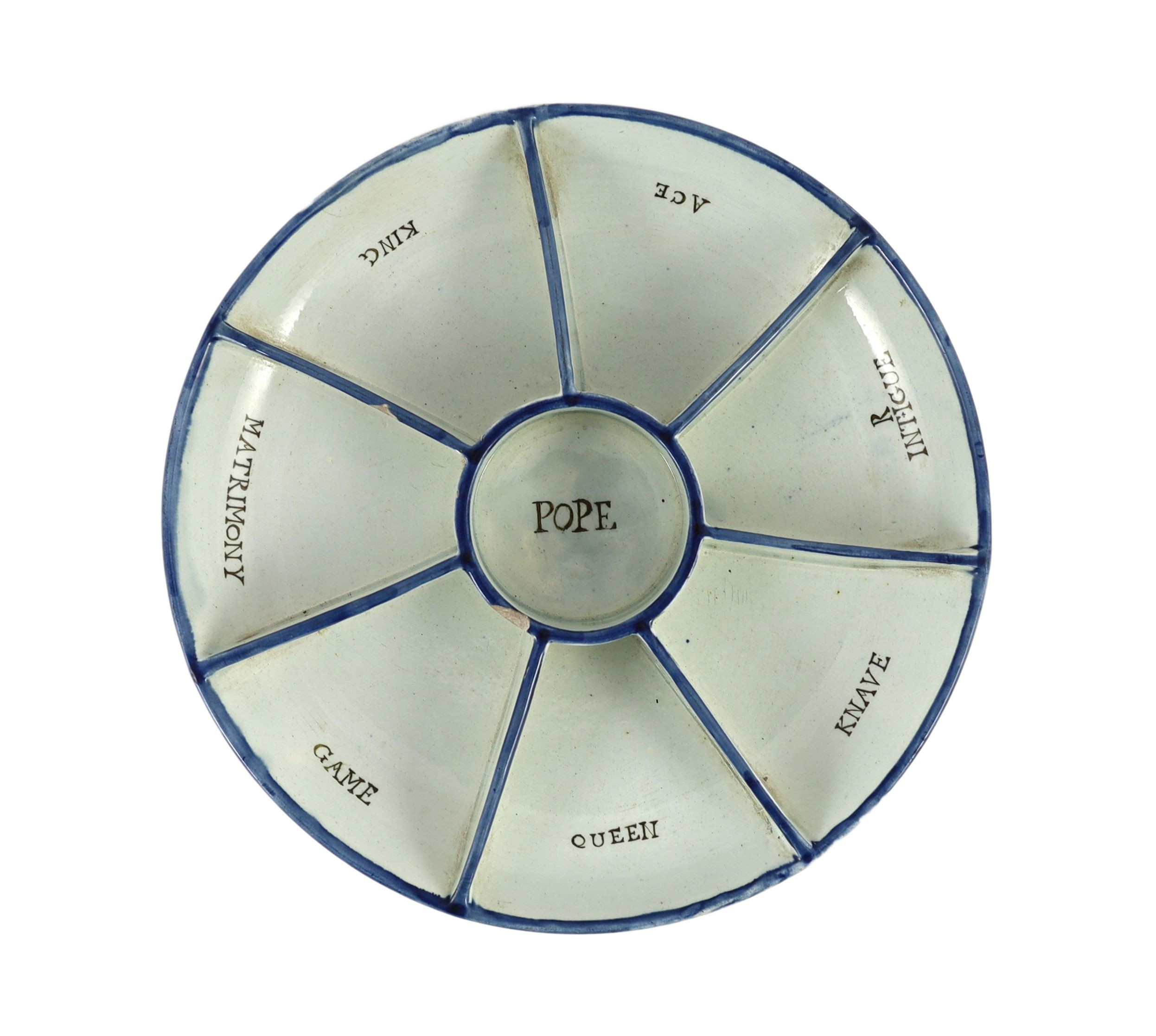 A rare pearlware dish shaped Pope Joan gaming rack, early 19th century, 26.5 cm diameter, small chips